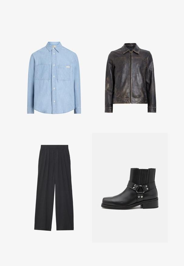 Čierna kožená bunda s ná(zip) uzáverom, vzpriameným golierom a jemne opotrebovanou textúrou. Obsahuje okrúhly kovový prvok na zipse.; Svetlo modrá košeľa na gombíky vyrobená z denimu, so špicatým golierom, dvoma náprsními vreckami a malou logovou nálepkou na ľavom vrecku.; Dlhý rukáv henley tričko z ľahkej krémovej látky. Má troj-tlačidlový zapínanie a červený a modrý pruhovaný golier. Rukávy typu raglan.; Široké nohavice vyrobené z tmavosivej látky. Majú prešívanie v páse, prispôsobený strih a rovný silueta.; The Kooples CHAUSSURES - Kovbojská/motorkárska členková čižma - black