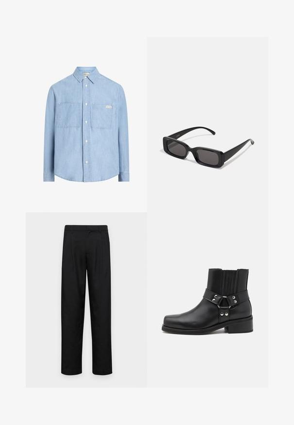 Cazadora de cuero negro con cierre de cremallera, cuello alto y textura sutilmente desgastada. Presenta un acento de hardware circular en la cremallera.; Camisa de mezclilla azul claro con botones, que presenta un cuello puntiagudo, dos bolsillos en el pecho y una pequeña etiqueta de logotipo en el bolsillo izquierdo.; Pantalones negros de tela suave, con un diseño de pierna recta, dos pliegues frontales y una cintura estándar con trabillas para el cinturón.; The Kooples CHAUSSURES - Botines camperos - black; Gafas de sol rectangulares negras con lentes oscuros, acabado brillante, patillas anchas y un diseño de marco robusto. Nombre de la marca grabado en una de las patillas.