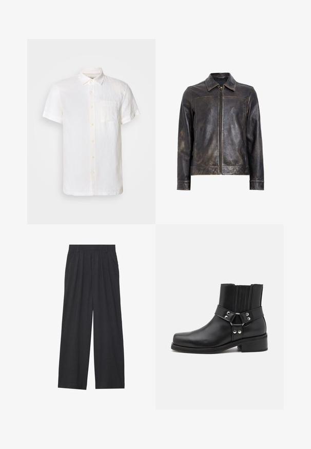 Melna ādas jaka ar rāvējslēdzēja aizdari, stāvošu apkakli un smalku nodilušu tekstūru. Iekļauj apļveida aparatūras akcentu uz rāvējslēdzēja.; Scotch & Soda CORE SHIRT - Krekls - off white; Gara piedurkne henley krekls vieglā krēmkrāsas audumā. Iespējo trīs pogu slēgšanu un sarkanu un zilu svītrainu apkakli. Raglan piedurknes.; Platas piegriezuma bikses no tumši pelēka auduma. Iezīmes - izgriezumi jostasvietā, veidota forma un taisna silueta.; The Kooples CHAUSSURES - Kovboju/motociklistu tipa puszābaki - black