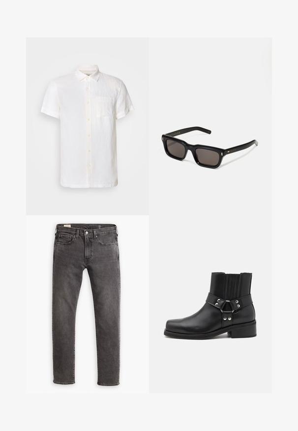 Zwarte leren jack met ritssluiting, opstaande kraag en subtiele verweerde textuur. Heeft een ronde hardware accent op de rits.; Scotch & Soda CORE SHIRT - Overhemd - off white; Grijze denim jeans met een rechte snit, een vijf-pocket ontwerp en een knoopsluiting. Voorzien van subtiele vervaging en tonale stiksels overal.; The Kooples CHAUSSURES - Cowboy-/Bikerlaarsjes - black; Zwarte rechthoekige zonnebril met donkere lenzen, een dik plastic montuur, gouden accenten op de veren en het merkembleem gegraveerd op de arm.