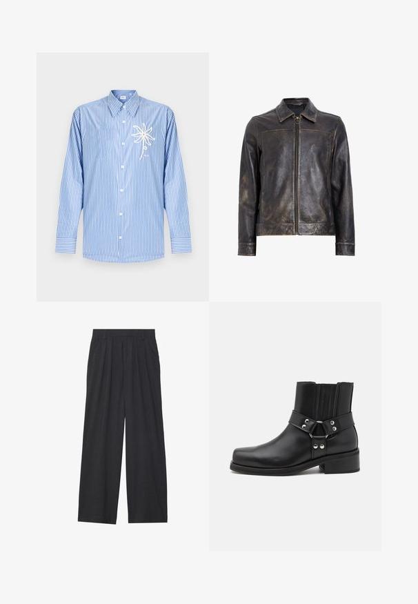 Melna ādas jaka ar rāvējslēdzēja aizdari, stāvošu apkakli un smalku nodilušu tekstūru. Iekļauj apļveida aparatūras akcentu uz rāvējslēdzēja.; Zils un balts vertikāli svītrains garām piedurknēm pogu krekls ar baltu virves zieda dizainu uz kreisās krūšu kabatas.; Platas piegriezuma bikses no tumši pelēka auduma. Iezīmes - izgriezumi jostasvietā, veidota forma un taisna silueta.; The Kooples CHAUSSURES - Kovboju/motociklistu tipa puszābaki - black