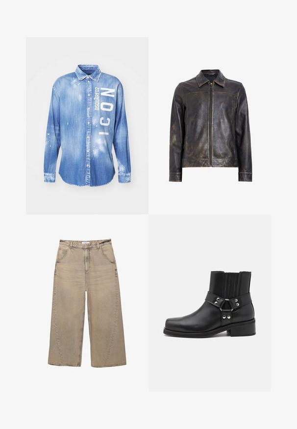 Čierna kožená bunda s ná(zip) uzáverom, vzpriameným golierom a jemne opotrebovanou textúrou. Obsahuje okrúhly kovový prvok na zipse.; Svetlomodrá denimová košeľa so zapínaním na gombíky vpredu, dlhými rukávmi, golierom a bielym potlačeným textom "DSQUARED2 ICON" s detailmi v tvare striekanej farby.; PULL&BEAR MEGA BAGGY - Džínsy baggy - light grey; The Kooples CHAUSSURES - Kovbojská/motorkárska členková čižma - black