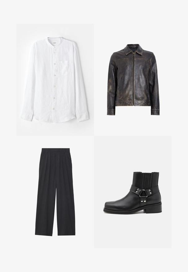 Zwarte leren jack met ritssluiting, opstaande kraag en subtiele verweerde textuur. Heeft een ronde hardware accent op de rits.; Witte langemouwen shirt van textuurstof, met een bandkraag, knoopsluiting, enkele borstzak en zilveren knopen.; Wijd-uitlopende broeken van donkergrijze stof. Kenmerken zijn plooien bij de taille, een tailor-made ontwerp en een rechte silhouet.; The Kooples CHAUSSURES - Cowboy-/Bikerlaarsjes - black