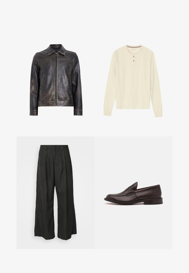 Zwarte leren jack met ritssluiting, opstaande kraag en subtiele verweerde textuur. Heeft een ronde hardware accent op de rits.; Langarm henley shirt van lichtgewicht cream kleurige stof. Heeft een drieknoopsluiting en een halsband met rode en blauwe strepen. Raglanmouwen.; Zwarte gestreepte wijde broek met plooien, met een op maat gemaakt ontwerp en een zachte textuur. Geen zichtbare hardware of accenten.; Tricker's JAMES SOLE FIT - Zakelijke loafers - chesnut burnished