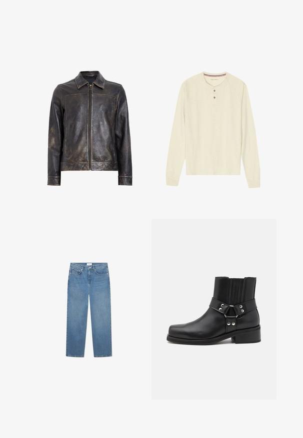 Μαύρο δερμάτινο μπουφάν με φερμουάρ, όρθιο γιακά και διακριτική φθαρμένη υφή. Διαθέτει κυκλική μεταλλική λεπτομέρεια στο φερμουάρ.; Μακρύ μανίκι μπλούζα henley σε ελαφρύ κρεμ ύφασμα. Διαθέτει τριπλό κουμπί και κόκκινη-μπλέ ρίγα στον λαιμό. Ράγλαν μανίκια.; Ανοιχτό μπλε τζιν παντελόνι με ευθεία γραμμή, πέντε τσέπες και κλείσιμο με κουμπί. Περιλαμβάνει ορατές ραφές και καθαρό φινίρισμα.; The Kooples CHAUSSURES - Μποτάκι καουμπόι/μηχανόβιου - black