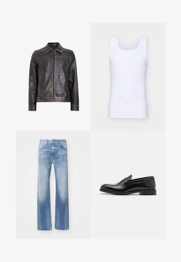 Black leather jacket with a zip closure, standing collar, and subtle distressed texture. Features a circular hardware accent on the zipper.; White cotton sleeveless tank top with a round neckline, featuring a smooth texture and a fitting shape, designed for casual wear.; Light blue denim jeans with a straight-leg design, faded texture, and five-pocket styling. Features a classic button and zipper closure.; Black leather loafers with a smooth texture, rounded toe, and a decorative strap across the vamp. Low stacked heel, minimalist design.