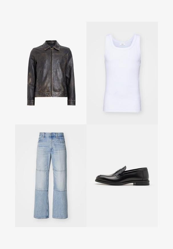 Zwarte leren jack met ritssluiting, opstaande kraag en subtiele verweerde textuur. Heeft een ronde hardware accent op de rits.; Witte katoenen mouwloze tanktop met een ronde halslijn, met een gladde textuur en een aansluitende pasvorm, ontworpen voor casual gebruik.; Lichtblauwe denimbroek met een wijde pijp ontwerp, voorzien van contrasterende panelen en zichtbare stiksels. Hoog van taille met een knoopsluiting.; Zwarte leren instappers met een gladde textuur, ronde neus en een decoratieve band over de wreef. Lage, gestapelde hak en minimalistisch ontwerp.