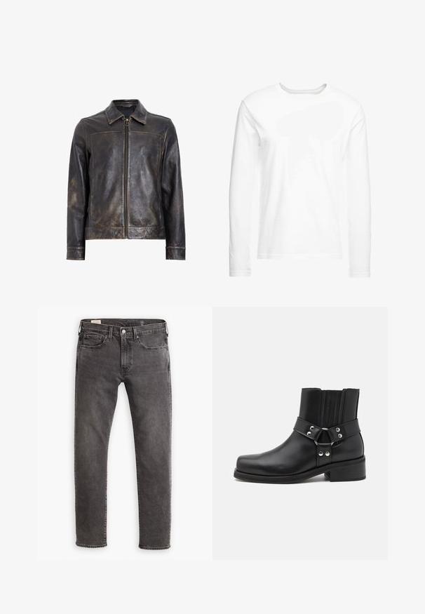 Černá kožená bunda s zipovým uzávěrem, stojáčkem a subtilními opotřebovanými detaily. Obsahuje kulatý kovový akcent na zipu.; Bílá dlouhá tričko s dlouhým rukávem vyrobené z jemné bavlny. Kulatý výstřih se rovnými lemy a bez viditelných vzorů či grafik.; Šedé džíny z denimu se rovnými nohavicemi, designem s pěti kapsami a knoflíkovým zapínáním. Obsahují jemné vyblednutí a tonální prošívání po celém povrchu.; The Kooples CHAUSSURES - Kovbojské/motorkářské kotníkové boty - black