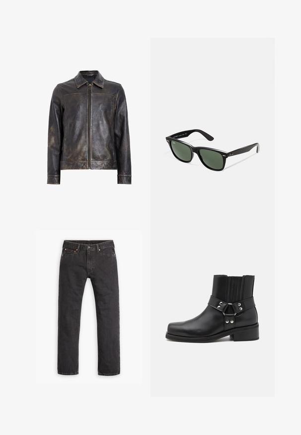 Black leather jacket with a zip closure, standing collar, and subtle distressed texture. Features a circular hardware accent on the zipper.; Long-sleeve, ribbed top in dark green, featuring a crew neckline and straight hem. Made of soft fabric, with minimal seams and no visible patterns.; Black straight-leg denim jeans with five pockets, button closure, and copper rivets laid flat on a white background.; The Kooples CHAUSSURES - Cowboy/biker ankle boot - black; Black plastic sunglasses with green lenses, square frames, silver accent on the brow, and textured temple arms. Stated brand on inner arm.