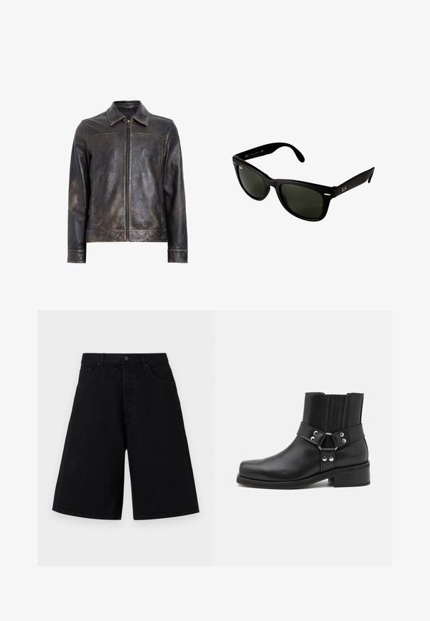 Czarna skórzana kurtka z zapięciem na zamek, stojącym kołnierzem i subtelną, postarzaną teksturą. Posiada okrągły detal dekoracyjny na zamku.; Jasnoszary długi rękaw sweter z ribbowanym wzorem, okrągłym dekoltem i prostym dołem. Miękka tekstura z delikatnymi pionowymi paskami i bez widocznych zapięć.; Czarne szorty dżinsowe o luźnym kroju, z klasycznym pięciopocketowym designem i zapięciem na guzik, gładką teksturą oraz prostym krojem nogawek.; The Kooples CHAUSSURES czarny; Czarne plastikowe okulary przeciwsłoneczne z ciemnozielonymi soczewkami. Kwadratowy kształt oprawek z metalicznymi akcentami i wytłoczonym logo na zauszniku.; Czarne rękawiczki bez palców wykonane z teksturowanej skóry z wzmocnionymi akcentami i przyszytymi dodatkowymi szwami. Otwory na palce poprawiają chwyt i zręczność.