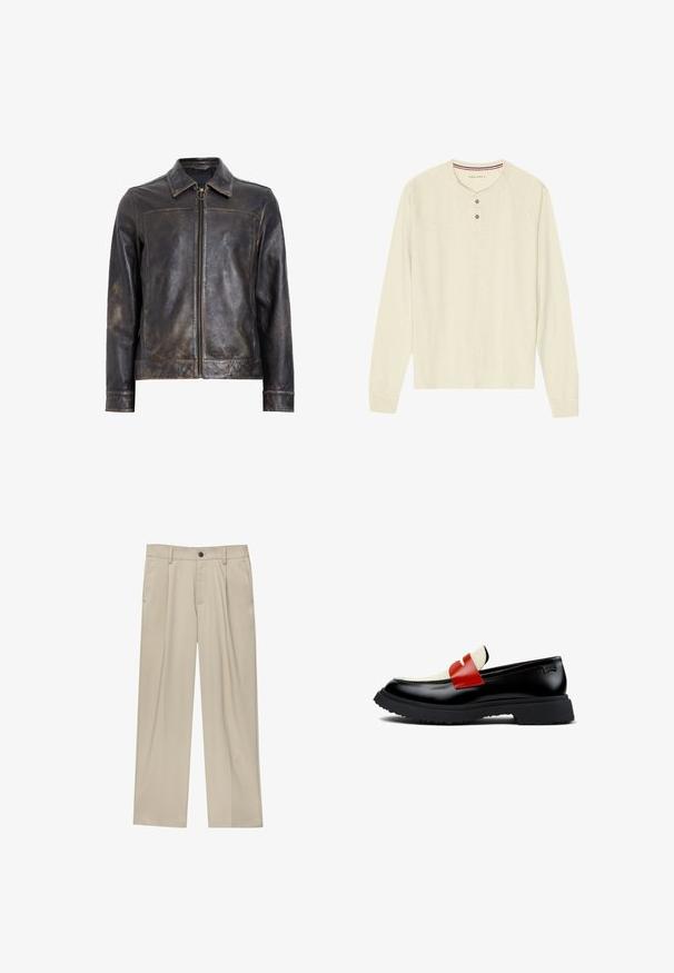 Schwarze Lederjacke mit Reißverschluss, Stehkragen und subtiler, abgenutzter Textur. Verfügt über ein kreisförmiges Hardware-Detail am Reißverschluss.; Langärmliges Henley-Shirt in Creme, aus weichem Stoff, mit einem gerippten Rundhalsausschnitt, einer zwei-Knopf-Leiste und Raglanärmeln.; Beige Hosen mit geradem Schnitt, ausgestattet mit einem einzelnen schwarzen Knopf, Gürtelschlaufen und Seitentaschen. Glatte Stofftextur und minimalistisches Design.; Schwarze Lederloafer mit einem weißen und roten Riemen, Gummilaufsohle und kontrastierenden Nähten. Elegantes Design mit flachem Absatz.