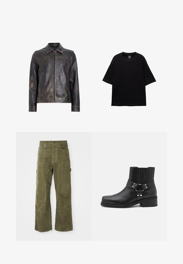 Fekete bőr dzseki, cipzárral, álló gallérral és finoman megkopott felülettel. A cipzáron egy kör alakú fém dísz van.; Fekete, rövid ujjú pamut póló, kerek nyakú és laza szabású. Simaság jellemzi, minimális varrási részletekkel.; Olíva zöld kordbársony nadrág, elülső és oldalsó zsebekkel, megerősített térdpanelekkel, gombbal és cipzárral záródik.; The Kooples CHAUSSURES - Cowboy/motoros bokacsizma - black