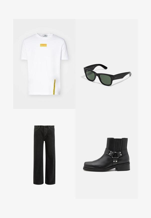 Mustad nahast jakk, millel on tõmblukk, seisev krae ja minimaalne kulunud tekstuur. Tõmbluku peal on ümmargune metallist lisand.; Iceberg Trükipildiga T-särk - bianco ottico; Mustadest denimist laiad püksid kõrge vöökoht, klassikalise viie taskuga disain ja õrn pleekinud välimus tekstuurilise ilme saavutamiseks.; The Kooples CHAUSSURES - Kauboi/mootorratturi poolsaapad - black; Mustad musta raamiga prillid roheliste läätsedega, matte viimistlusega, peente riistvara aktsentidega ja reljeefse logoga templil.