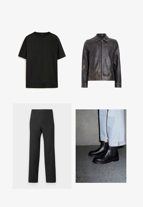 Černá kožená bunda s zipovým uzávěrem, stojáčkem a subtilními opotřebovanými detaily. Obsahuje kulatý kovový akcent na zipu.; Černé bavlněné tričko s klasickým kulatým výstřihem, krátkými rukávy a volným střihem. Hladká textura, bez vzorů nebo ozdob.; Tmavě šedé kalhoty z tkané látky, s rovnými nohavicemi, poutky na pásek a jednobodovým zapínáním v pase.; Černé kožené Chelsea boty s elastickými bočními panely a texturovanou gumovou podrážkou, kombinované se světle modrými manžetovými džínami.