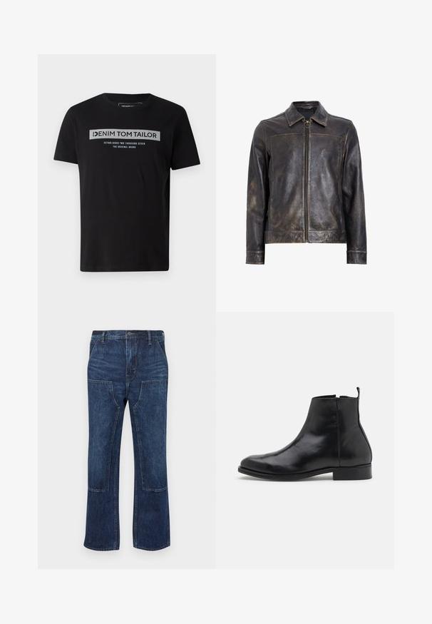Sort læderjakke med lynlåslukning, stående krave og subtilt slidte tekstur. Har et cirkulært hardware-element på lynlåsen.; Sort bomulds T-shirt med korte ærmer, der har et frontgrafik i grå og blå tekst, som inkluderer mærkenavnet "DENIM TOM TAILOR."; Mørkeblå denim jeans med en afslappet pasform, bred ben-design og påsyede lommer foran. Glat tekstur med minimale syninger.; Zign LEATHER - Støvletter - black