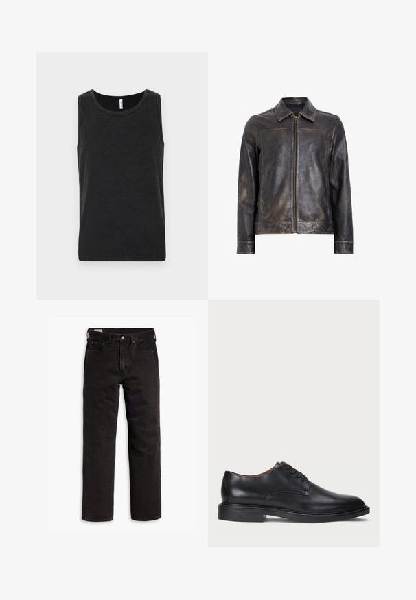 Black leather jacket with a zip closure, standing collar, and subtle distressed texture. Features a circular hardware accent on the zipper.; Black cotton tank top with a round neckline, sleeveless design, and a smooth texture. Features a simple and classic cut.; Black straight-leg denim jeans with five pockets, button closure, and belt loops, laid flat on a white background.; Black leather dress shoe with a round toe, lace-up design, and a low stacked heel. Smooth texture with minimal stitching details.