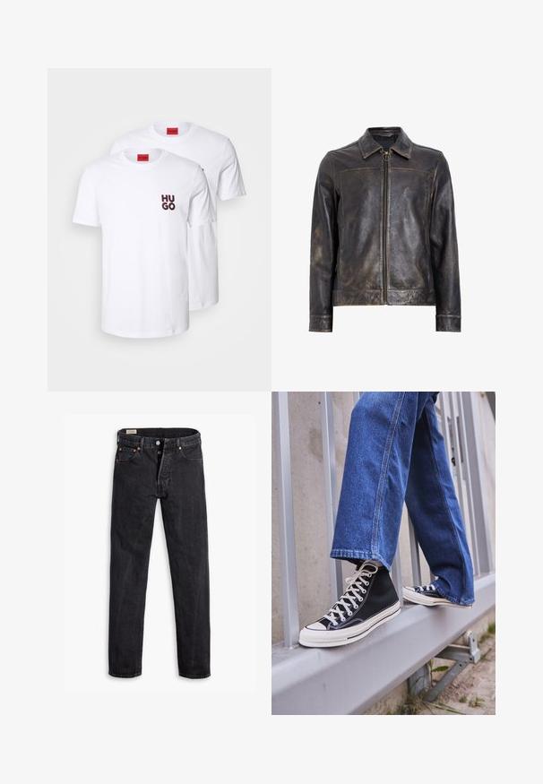 Jachetă din piele neagră cu închidere prin fermoar, guler înalt și o textură ușor uzată. Prezintă un accent hardware circular pe fermoar.; Tricouri din bumbac alb, cu guler rotund, mâneci scurte, având logo-ul textului "HUGO" în roșu și negru pe pieptul stâng. Set de două bucăți.; Blugi negri din denim cu un croi drept. Prezintă cinci buzunare, două închideri cu nasturi în față și o cusătură subtilă în contrast. Textură mată.; Tenisi negri tip gheată cu talpă și șireturi albe, asortați cu blugi albaștri largi, sprijiniți pe un balustradă gri.