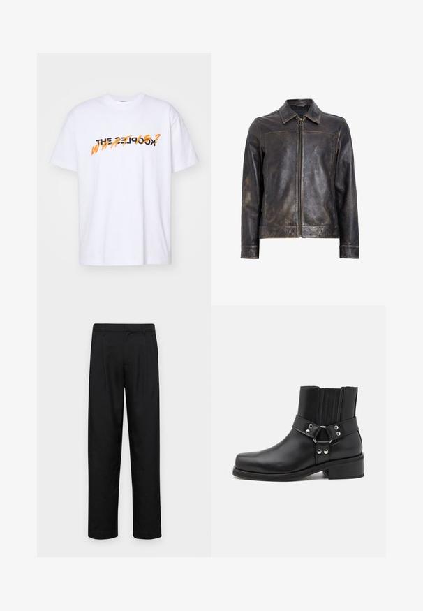 Juodas odinis švarkas su užtrauktuku, stovinčiu apykaklė ir subtiliu nusidėvėjimo tekstūru. Savybė - apvalus metalinis akcentas ant užtrauktuko.; Balta medvilninė marškinėliai su trumpomis rankovėmis, ant kurių užrašyta "THE KOOKS? KAS YRA?" ryškiu juodu ir oranžiniu šriftu. Paprastas dizainas.; Juodi kelnių modeliai, pagaminti iš lygios medžiagos, turi tiesią kojas, du priekiniai klostės ir standartinę juosmenį su diržo kilpomis.; The Kooples CHAUSSURES - Kaubojiški / motociklininko stiliaus aulinukai - black