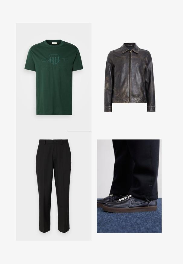 Černá kožená bunda s zipovým uzávěrem, stojáčkem a subtilními opotřebovanými detaily. Obsahuje kulatý kovový akcent na zipu.; GANT TONAL SHIELD - Triko s potiskem - tartan green; Černé kalhoty vyrobené z hladkého materiálu, s rovnými nohavicemi, předními kapsami, zapínáním na jeden knoflík a bez viditelných vzorů.; Nike Sportswear KILLSHOT 2 LTR PRM OPP2 - Tenisky - black sail baroque brown mtlc dk grey