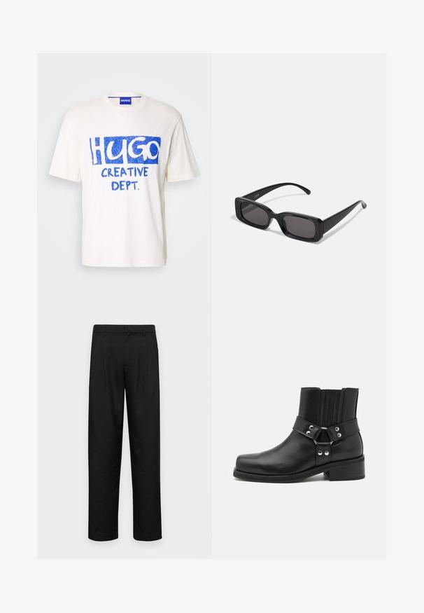 Black leather jacket with a zip closure, standing collar, and subtle distressed texture. Features a circular hardware accent on the zipper.; White cotton t-shirt featuring blue graphic text "HUGO" and "CREATIVE DEPT." on the front, short sleeves, and a crew neckline.; Black trousers made of smooth fabric, featuring a straight-leg design, two front pleats, and standard waistband with belt loops.; The Kooples CHAUSSURES - Cowboy/biker ankle boot - black; Black rectangular sunglasses with dark lenses, glossy finish, wide arms, and a chunky frame design. Engraved brand name on one arm.
