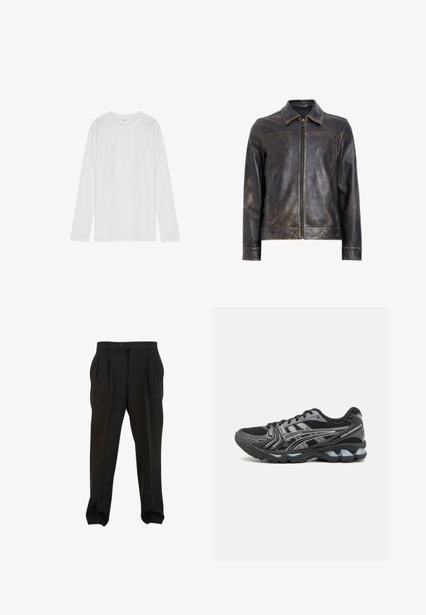 Zwarte leren jack met ritssluiting, opstaande kraag en subtiele verweerde textuur. Heeft een ronde hardware accent op de rits.; NN.07 Longsleeve - white; Zwarte broek van gladde stof, met voorplooien, een knopenband en taps toelopende enkelboorden. Klassieke taillering.; Zwarte sportschoen met een bovenwerk van mesh, zilveren accenten en een gevoerde zool. Beschikt over een vetersluiting en een gestructureerde loopzool voor grip.