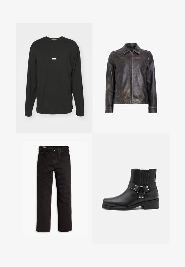 Giacca in pelle nera con chiusura a zip, colletto rialzato e una sottile texture invecchiata. Presenta un accento circolare in metallo sulla zip.; T-shirt nero a maniche lunghe realizzato in cotone, con un piccolo logo bianco "MSGM" sul petto, collo rotondo e fit rilassato.; Jeans in denim neri a gamba dritta con cinque tasche, chiusura a bottone e passanti per cintura, adagiati su uno sfondo bianco.; The Kooples CHAUSSURES - Stivaletti texani / biker - black
