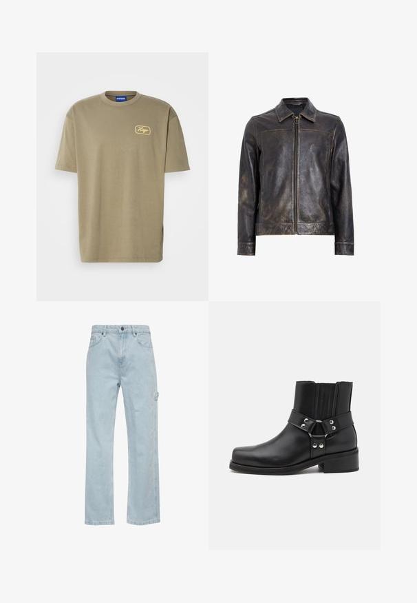 Schwarze Lederjacke mit Reißverschluss, Stehkragen und subtiler, abgenutzter Textur. Verfügt über ein kreisförmiges Hardware-Detail am Reißverschluss.; Olivgrünes T-Shirt aus Baumwolle, mit Rundhalsausschnitt und kurzen Ärmeln, versehen mit einem gelben, gestickten "Hugo"-Logo auf der linken Brust.; Hellblaue Denim-Jeans mit geradem Bein, ausgestattet mit Front- und Gesäßtaschen sowie einer seitlichen Cargo-Tasche. Glatte Textur, lässiger Stil.; The Kooples CHAUSSURES - Cowboy-/Bikerstiefelette - black