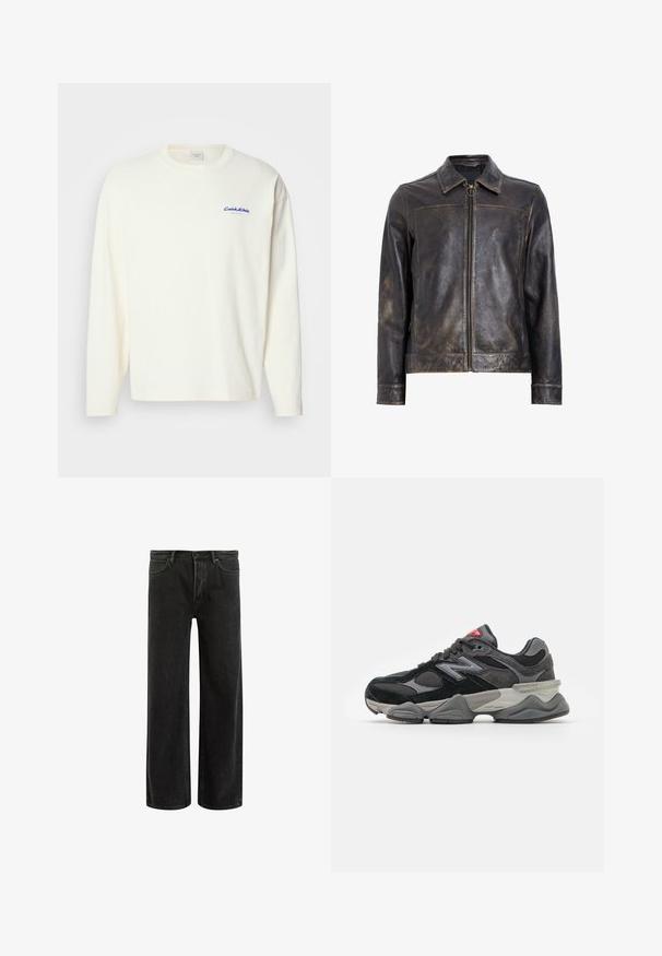 Černá kožená bunda s zipovým uzávěrem, stojáčkem a subtilními opotřebovanými detaily. Obsahuje kulatý kovový akcent na zipu.; Dlouhý rukáv, krémové tričko vyrobené z bavlny, s kulatým výstřihem a malým modrým logem Calvin Klein na levé straně hrudi. Měkká textura.; Černé džíny s širšími nohavicemi a vysokým pasem, s klasickým designem pěti kapes a jemným vyblednutím pro texturovaný vzhled.; Černé a šedé sneakersy se směsí semišových a síťovaných materiálů, silnou podrážkou, výrazným logem a červeným akcentem na jazyku.