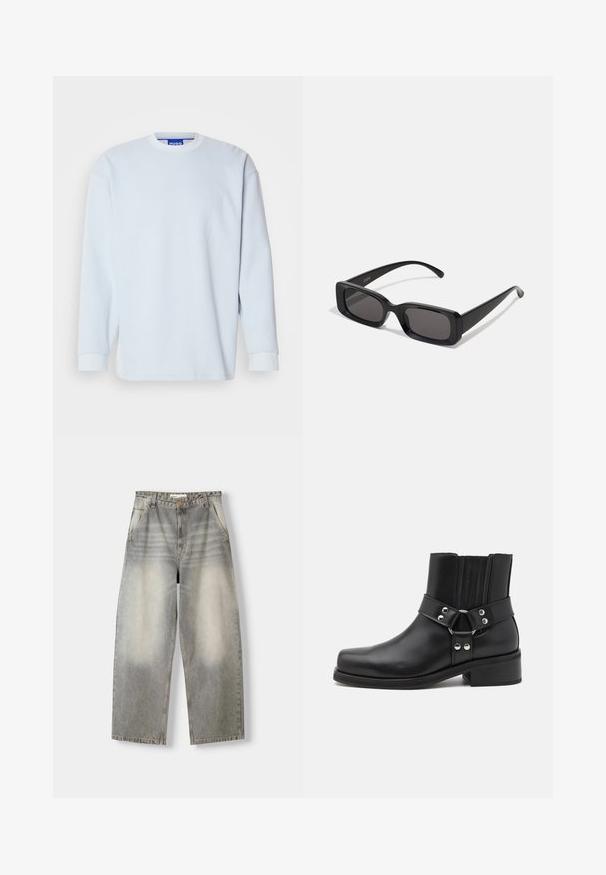 Schwarze Lederjacke mit Reißverschluss, Stehkragen und subtiler, abgenutzter Textur. Verfügt über ein kreisförmiges Hardware-Detail am Reißverschluss.; Helles blaues langärmliges Sweatshirt aus strukturiertem Stoff. Besitzt einen runden Ausschnitt und gerippte Bündchen, mit sichtbarem Branding am Kragen.; Weite Jeans in einem hellgrauen Waschton. Merkmale sind ein verblasstes Finish, fünf Taschen und ein Knopfverschluss. Das Material besteht aus weichem Denim.; The Kooples CHAUSSURES - Cowboy-/Bikerstiefelette - black; Schwarze rechteckige Sonnenbrille mit dunklen Gläsern, glänzender Oberfläche, breiten Bügeln und einem klobigen Rahmen-Design. Gravierter Markenname auf einem Bügel.
