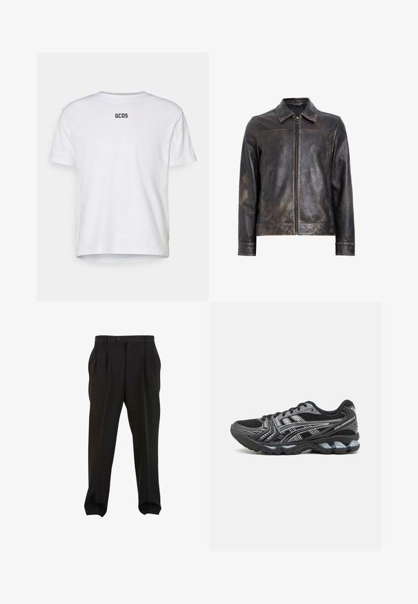 Czarna skórzana kurtka z zapięciem na zamek, stojącym kołnierzem i subtelną, postarzaną teksturą. Posiada okrągły detal dekoracyjny na zamku.; Biała bawełniana koszulka z krótkim rękawem, z okrągłym dekoltem i czarnym logo "GCDS" nadrukowanym na plecach. Prosty, niezdobiony design.; Czarne spodnie z gładkiego materiału, z kieszeniami z przodu, zapinane na guzik w pasie i zwężanymi mankietami przy kostkach. Klasyczny sylwetka w stylu szytym na miarę.; Czarne buty sportowe z siateczkową cholewką, srebrnymi akcentami i amortyzowaną podeszwą. Posiadają sznurowany design oraz teksturowany bieżnik dla lepszej przyczepności.