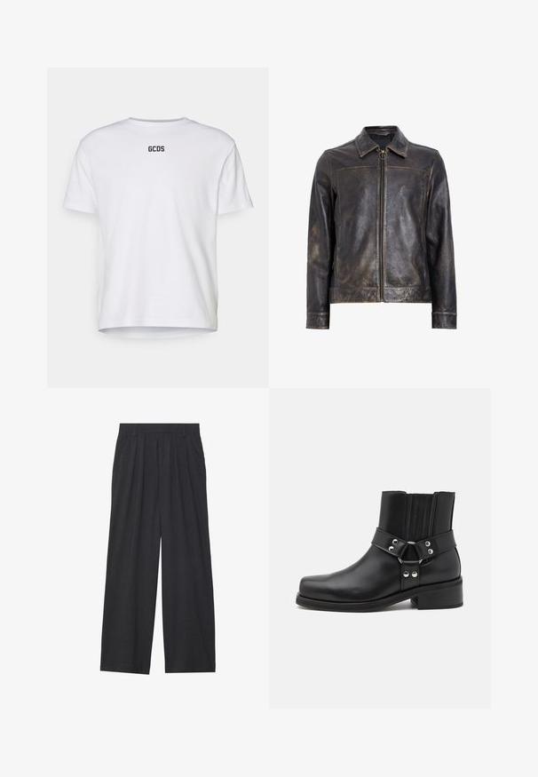 Giacca in pelle nera con chiusura a zip, colletto rialzato e una sottile texture invecchiata. Presenta un accento circolare in metallo sulla zip.; Maglietta in cotone bianco a maniche corte, con scollatura rotonda e logo "GCDS" stampato in nero sul retro. Design semplice e senza ornamenti.; Pantaloni a gamba larga realizzati in tessuto grigio scuro. Presentano pences in vita, un design sartoriale e una silhouette dritta.; The Kooples CHAUSSURES - Stivaletti texani / biker - black