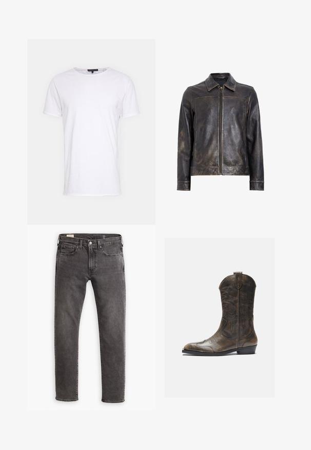 Melna ādas jaka ar rāvējslēdzēja aizdari, stāvošu apkakli un smalku nodilušu tekstūru. Iekļauj apļveida aparatūras akcentu uz rāvējslēdzēja.; Baltas kokvilnas T-krekls ar apaļu kakla izgriezumu, īsām piedurknēm un taisnu griezumu. Tam ir vienkārša, gluda tekstūra bez papildu rakstiem.; Pelēki denima džinsi ar taisnu griezumu, piecu kabatu dizainu un pogu aizdari. Satur vieglu izbalēšanu un tonālu šuvju izstrādājumu visā virsmā.; Brūnas ādas kovboju zābaki ar garu kāju, norādītu purngalu, sarežģītām šuvju rakstībām un mazu papēdi. Virsma ar faktūru visā zābakā.