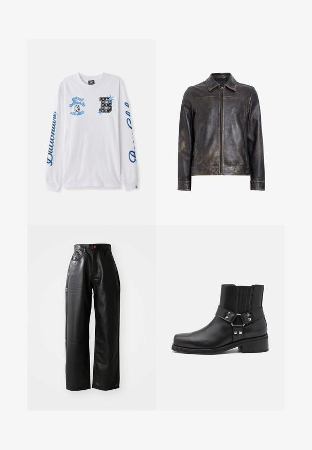 Veste en cuir noir avec fermeture éclair, col montant et texture légèrement usée. Présente un accent en métal circulaire sur la fermeture éclair.; T-shirt à manches longues blanche en coton avec des motifs graphiques bleus, y compris du texte et un "B" décoratif. Présente un col rond et des manches à poignets.; Pantalons à jambes larges en simili cuir noir avec une taille haute, des poches visibles et un accent de bouton rouge, présentant une texture lisse et brillante.; The Kooples CHAUSSURES - Bottines de cowboy / motard - black