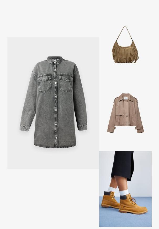 Beige suedetjakke med dobbeltrækket front, bred krave og skulderklapper. Har store knapper og bælteærmer, kort design.; Grå denim skjortekjole med lange ærmer, knaplukning fortil, to brystlommer og rundet kant. Har en subtil falmet tekstur og metaliknapper.; Tan ruskindsankelstøvler med brune læderdetaljer, guldøjer og en struktureret sål. Hvide sokker synlige over støvlerne.; Brun ruskind skuldertaske med lange frynser, en buet form og en enkelt skulderrem. Har en glat, tekstureret overflade.