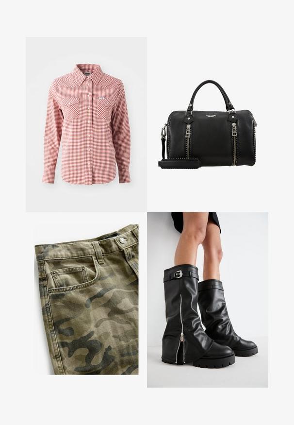 Beige semišová bunda s dvojitým zapínáním, širokým límcem a ramenními epoletami. Má velké knoflíky a manžety se sponou, střih do pasu.; Červená a bílá kostičkovaná košile s dlouhým rukávem, která má špičatý límec, dvě náprsní kapsy a zapínání na knoflíky. Vyrobena z lehkého materiálu.; Next Džínové kraťasy - camo print; Černé kožené holínky do výšky kolen s širokou holení, s bočním zipem a akcentem na přezku, texturovaným povrchem a robustní gumovou podrážkou.; Černá kožená kabelka s dvojitými stříbrnými zipy, horními uchy, nastavitelným popruhem a cvočky podél okrajů. Texturovaný povrch.