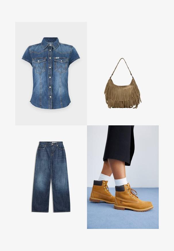 Beige suede jacket with a double-breasted front, wide collar, and shoulder epaulets. Features large buttons and belted cuffs, cropped design.; Denim shirt with a dark blue wash, short sleeves, snap buttons, two chest pockets, and visible stitching details along the shoulders.; Wide-leg jeans in dark blue denim, featuring five-pocket design, light stitching, and a button closure at the waistband.; Tan suede ankle boots with brown leather accents, gold eyelets, and a textured sole. White socks visible above the boots.; Brown suede handbag with long fringe details, a curved shape, and a single shoulder strap. Features a smooth, textured surface.