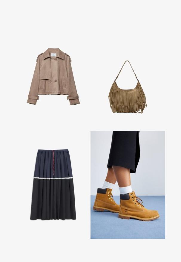 Veste en daim beige avec un devant à double boutonnage, un large col et des épaulettes. Caractéristiques de grands boutons et de manches ceinturées, en coupe courte.; Bodysuit marron avec des bretelles spaghetti réglables et une bordure en dentelle sur un décolleté en V profond. Texture lisse, design ajusté et jambes hautes.; Une jupe à volants présentant une section supérieure bleu foncé, un accent en dentelle blanche au milieu, et une section inférieure noire. Taille élastique avec cordon de serrage.; Bottines en suede beige avec des accents en cuir marron, des œillets dorés et une semelle texturée. Chaussettes blanches visibles au-dessus des bottines.; Sac à main en daim marron avec des détails en franges longues, une forme incurvée et une seule bandoulière. Caractérisé par une surface lisse et texturée.
