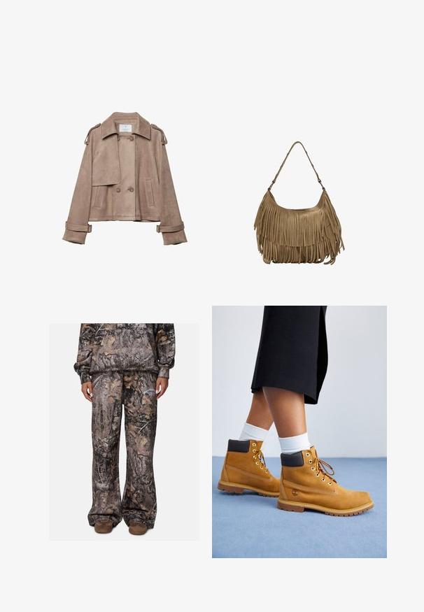 Beige suede jasje met een dubbelgeknoopt voorpand, brede kraag en schouderepauletten. Heeft grote knopen en manchetten met een riem, kortere snit.; Bruine body met verstelbare spaghettibandjes en een kanten rand op een diepe V-halslijn. Soepele textuur, getailleerd ontwerp en hoge uitsnijdingen bij de benen.; Camo-patroon joggingbroek met een losse pasvorm, gemaakt van een zachte stof in tinten bruin, grijs en beige. Inclusief zijzakken.; Tan suède enkellaarsjes met bruine leren accenten, gouden oogjes en een getextureerde zool. Witte sokken zichtbaar boven de laarsjes.; Bruine suède handtas met lange franjes, een gebogen vorm en een enkele schouderband. Heeft een gladde, gestructureerde oppervlakte.