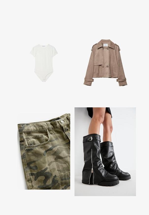 Béžová zamšová bunda s dvojitým zapínaním, širokým golierom a ramennými výložkami. Obsahuje veľké gombíky a manžety so zapínaním na opasok, skrátený dizajn.; Biele krátke rukávy body vyrobené z mäkkého a pružného materiálu. Má okrúhly výstrih a zapínanie na cvočky v spodnej časti pre jednoduché obliekanie.; Next Denimové šortky - camo print; Čierne kožené vysoké čižmy po kolená s širokým nohavičkou, so bočným zipsom a detailom s prackou, štruktúrovaným povrchom a robustnou gumovou podrážkou.