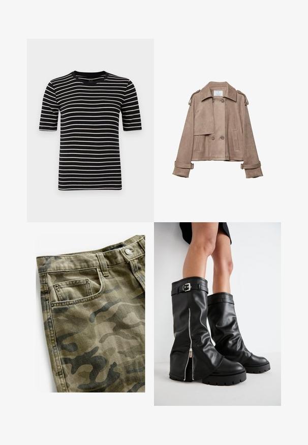 Beige Wildlederjacke mit doppelter Knopfleiste, breitem Kragen und Schulterklappen. Verfügt über große Knöpfe und einen Gurt an den Ärmelbündchen, kurzes Design.; Gestreiftes T-Shirt in Schwarz und Weiß, kurzärmelig, mit rundem Hals, aus weichem Baumwollstrick gefertigt, mit gleichmäßigen Streifen und standardmäßiger Passform.; Next Jeans Shorts - camo print; Schwarze Lederstiefel bis zum Knie mit weiter Schaftweite, seitlichem Reißverschluss und Schnallenakzent, strukturierter Oberfläche und robuster Gummisohle.