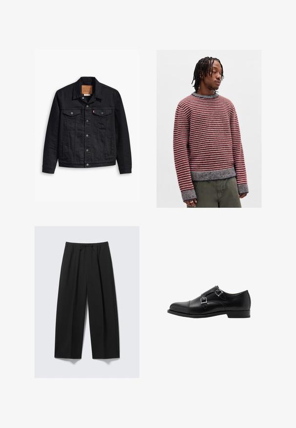 Black denim jacket with a classic collared design, button front closure, two chest pockets, detailed stitching, and a leather brand patch.; Red and gray striped sweater with a round neckline, ribbed cuffs, and a slightly cropped fit. Soft texture with a relaxed design.; Black wide-leg trousers made of lightweight fabric, featuring an elastic waistband with a drawstring and no visible pockets.; Black leather double monk strap shoe with a rounded toe and silver buckles. Smooth texture and a flat heel provide stability.