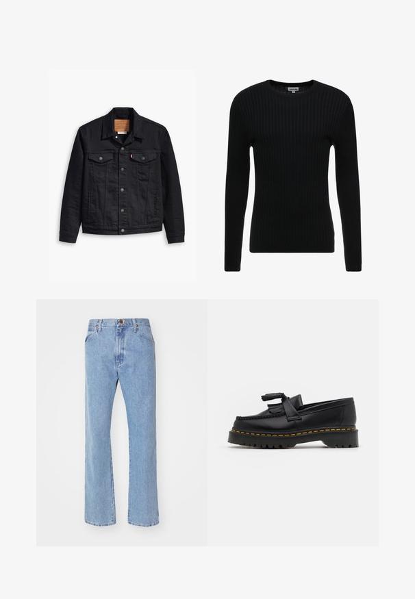 Black denim jacket with a classic collared design, button front closure, two chest pockets, detailed stitching, and a leather brand patch.; Black ribbed long-sleeve sweater with a crew neck; textured fabric features vertical lines; fitted silhouette; no visible embellishments or accents.; Light blue denim jeans with a high waist, straight leg design, and front pockets. Features copper hardware and subtle whiskering.; Black leather loafer with a tasseled accent, featuring a chunky black sole and yellow stitching along the edge. Textured finish.