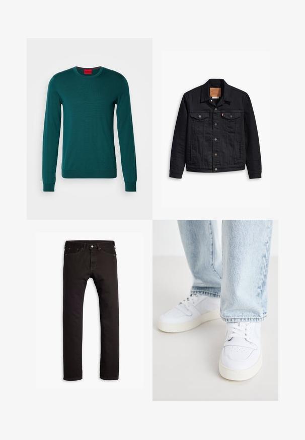 Fekete farmerdzseki klasszikus galléros kialakítással, gombos elülső zárással, két mellzsebbel, részletes varrással és bőr márkajelzéssel.; HUGO SAN CEDRIC - Pulóver - dark green; Fekete, slim fit farmernadrág öt zsebbel és gombos záródással, síkban elhelyezve egy fehér háttéren.; Fehér bőr alacsony szárú sportcipők perforált orral, lapos fűzőkkel és minimalista kialakítással. Világoskék farmernadrággal párosítva.