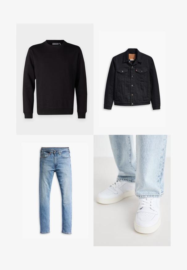Black denim jacket with a classic collared design, button front closure, two chest pockets, detailed stitching, and a leather brand patch.; Black sweatshirt made of smooth cotton blend, featuring a crew neck, long sleeves, and ribbed cuffs and hem. No patterns or accents visible.; Light blue denim jeans with a straight-cut design, five pockets, button closure, and subtle fading across the fabric.; White leather low-top sneakers with perforated toe, flat laces, and minimalistic design. Paired with light blue denim jeans.