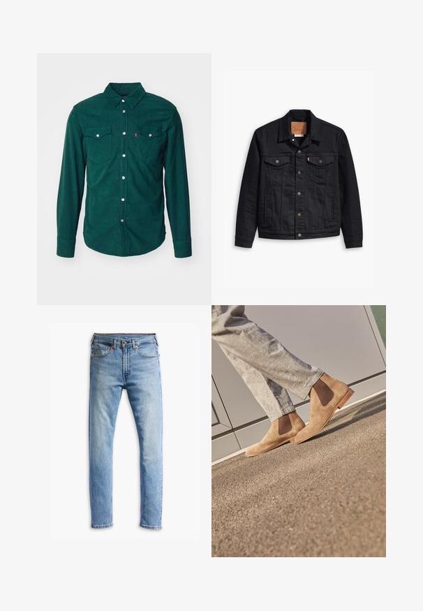 Fekete farmerdzseki klasszikus galléros kialakítással, gombos elülső zárással, két mellzsebbel, részletes varrással és bőr márkajelzéssel.; Levi's® BARSTOW WESTERN STANDARD - Ing - python green; Fekete ujjatlan trikók három darabos kiszerelésben. Bordás textúra, klasszikus kerek nyakkivágás. Az alján kis márkajelzés található.; Világoskék farmernadrág egyenes szabásban, öt zsebbel, gombos záródással és finom kopással az anyagon.; Barna velúr Chelsea csizma, elasztikus oldalsó panelek és sima színezett gumitalp jellemzi, világosszürke nadrággal egy texturált felületen párosítva.