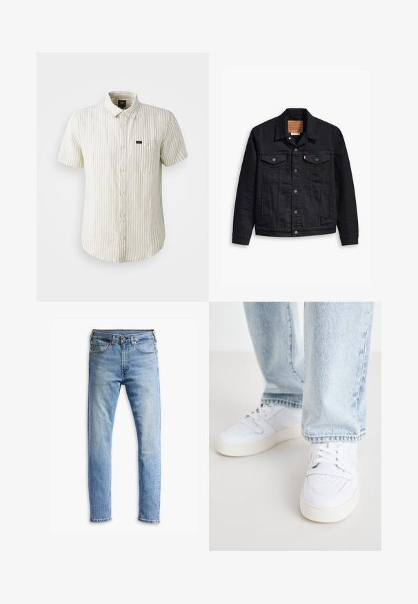 Giacca in denim nera con un design classico con colletto, chiusura frontale a bottoni, due tasche sul petto, cuciture dettagliate e una patch in pelle con il marchio.; Camicetta a maniche corte beige con strisce verticali grigio chiaro, dotata di una chiusura con bottoni, colletto e una singola tasca sul petto.; Jeans in denim blu chiaro con un design a gamba diritta, cinque tasche, chiusura con bottone e una leggera sbiaditura su tutto il tessuto.; Sneakers bianchi in pelle a bassa punta con punta perforata, lacci piatti e design minimalista. Abbinati a jeans di denim azzurro chiaro.