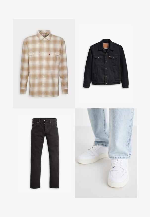Melnas denima jaka ar klasisku apkakles dizainu, pogu aizdari priekšpusē, divām krūšu kabatām, detalizētu izšuvumu un ādas zīmola uzlīmi.; Levi's® JACKSON - Krekls - tyrone iced coffee; Melni slim-fit džinsi ar pogu aizdari, piecām kabatām un varš riekstiem, izklāti uz balta fona.; Biezi balti ādas apavi līdz potītei ar perforētu purngalu, plakaniem šņorēm un minimālistisku dizainu. Saskaņoti ar gaiši ziliem džinsiem.