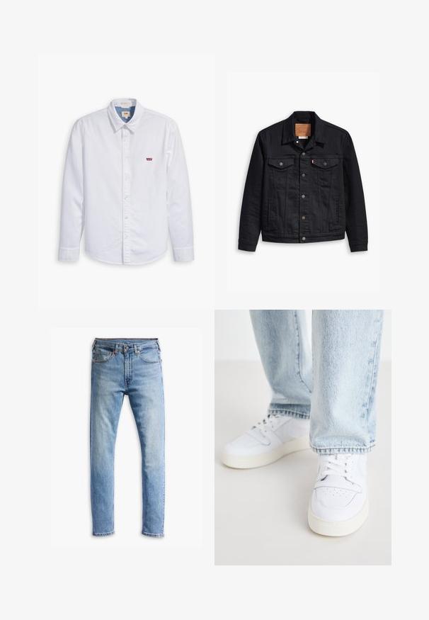 Mustmustükiga musta teksajaki klassikaline kaelus, nööpidega esikinnis, kaks rinna taskut, detailne õmblus ja nahkbrandiga silt.; Valge puuvillane pikkade varrukatega nööpidega särgis. Omab teravat krae ja väikest punast Levi's logo vasakul rinnal. Sile tekstuur.; Heledad sinine teksapüksid, sirge lõikega disain, viie taskuga, nööpkinnitus ja mõõdukas pleekimine kogu kangas.; Valged nahast madala profiiliga spordijalatsid, millel on perforatsiooniga varvas, lame paelad ja minimalistlik disain. Koos helesiniste teksadega.