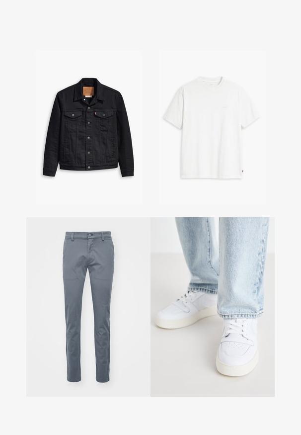 Black denim jacket with a classic collared design, button front closure, two chest pockets, detailed stitching, and a leather brand patch.; White cotton t-shirt with short sleeves, crew neck, and subtle Levi's logo printed in the center. Soft texture and standard fit.; Gray tailored pants made of woven fabric, featuring a flat front, standard waistband with belt loops, and slim-fit straight legs.; White leather low-top sneakers with perforated toe, flat laces, and minimalistic design. Paired with light blue denim jeans.