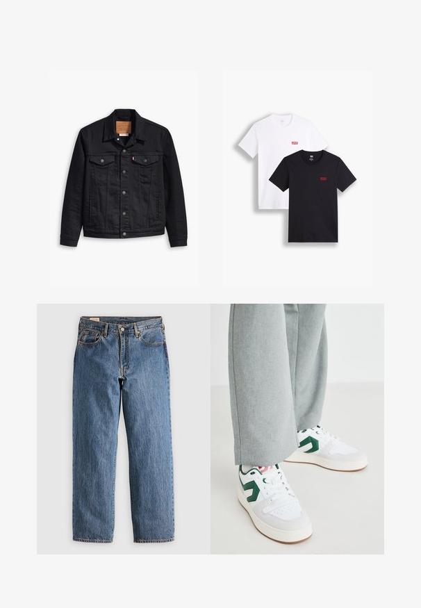 Schwarze Denimjacke mit klassischem Kragendesign, Knopfleiste, zwei Brusttaschen, detaillierter Stickerei und einem Leder-Logo-Patch.; Zwei kurzärmlige T-Shirts: eines in Weiß und eines in Schwarz. Beide aus Baumwolle mit einem roten Levi's-Logo auf der Brust. Einfaches Rundhals-Design.; Blaue Jeans aus Denim mit geradem Schnitt, hohem Bund, kupfernen Nieten und orangefarbener Naht. Mit Vorder- und Hintertaschen.; Weiße und grüne Sneakers aus glattem Leder und Wildleder, mit einem auffälligen grünen Logo-Akzent und weißen Schnürsenkeln. Graue Hosen sind teilweise sichtbar.